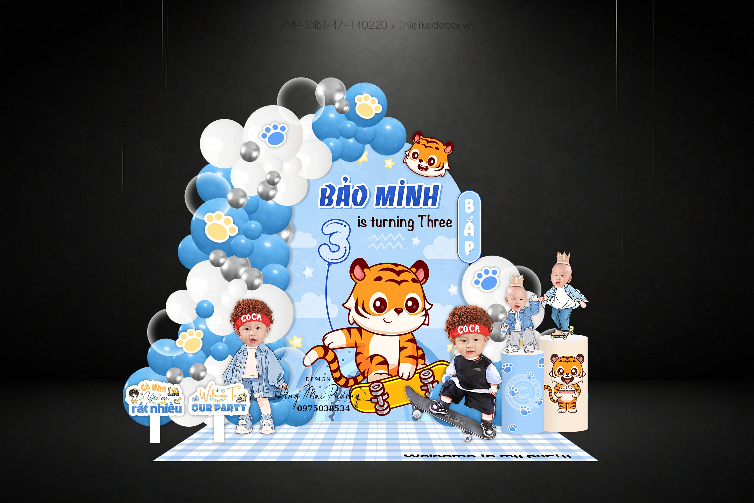 Sinh nhật bé trai 3 tuổi, tuổi dần cọp tone xanh điểm vàng- Cọp lướt ván